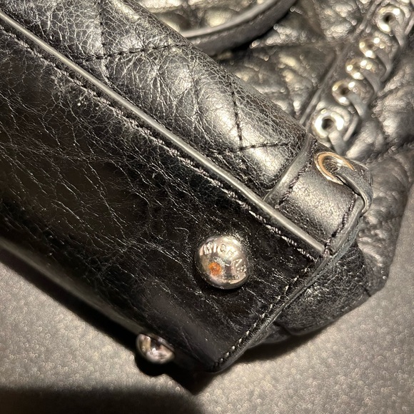 Michael Kors Black Leather Tote Silver Lock Laced Trim MK - Picture 8 of 12